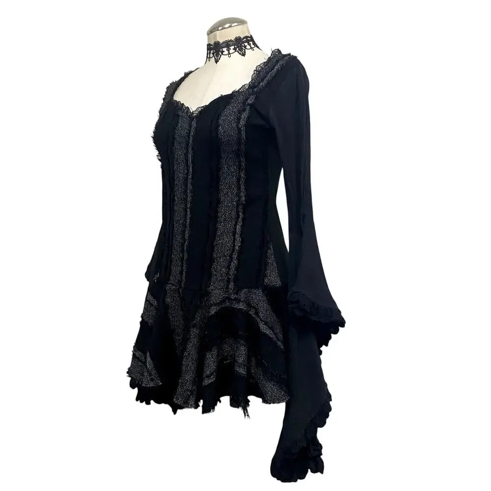 Asymmetrical Striped Layered Flare Dramatic Sleeve Whimsigoth Vamp Gothic Dress - Picture 3 of 12